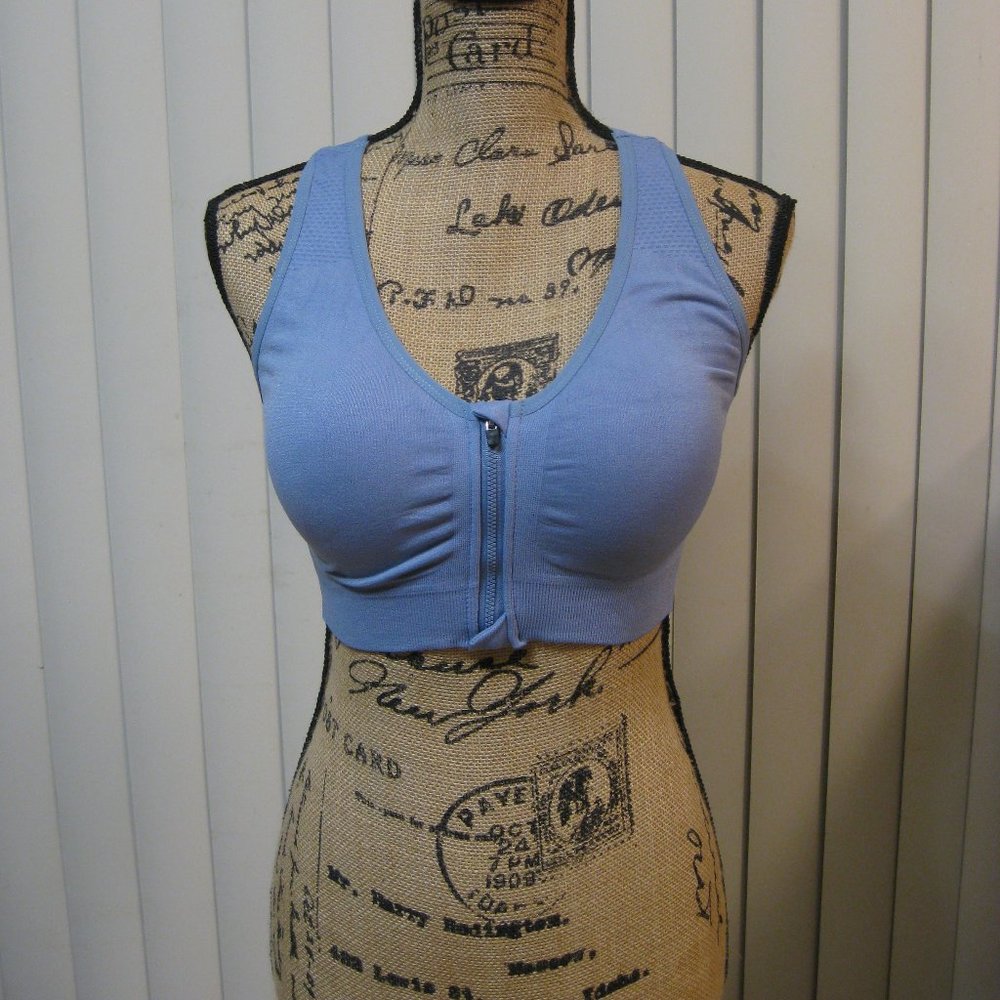 NWOT blue zip front sports bra M med